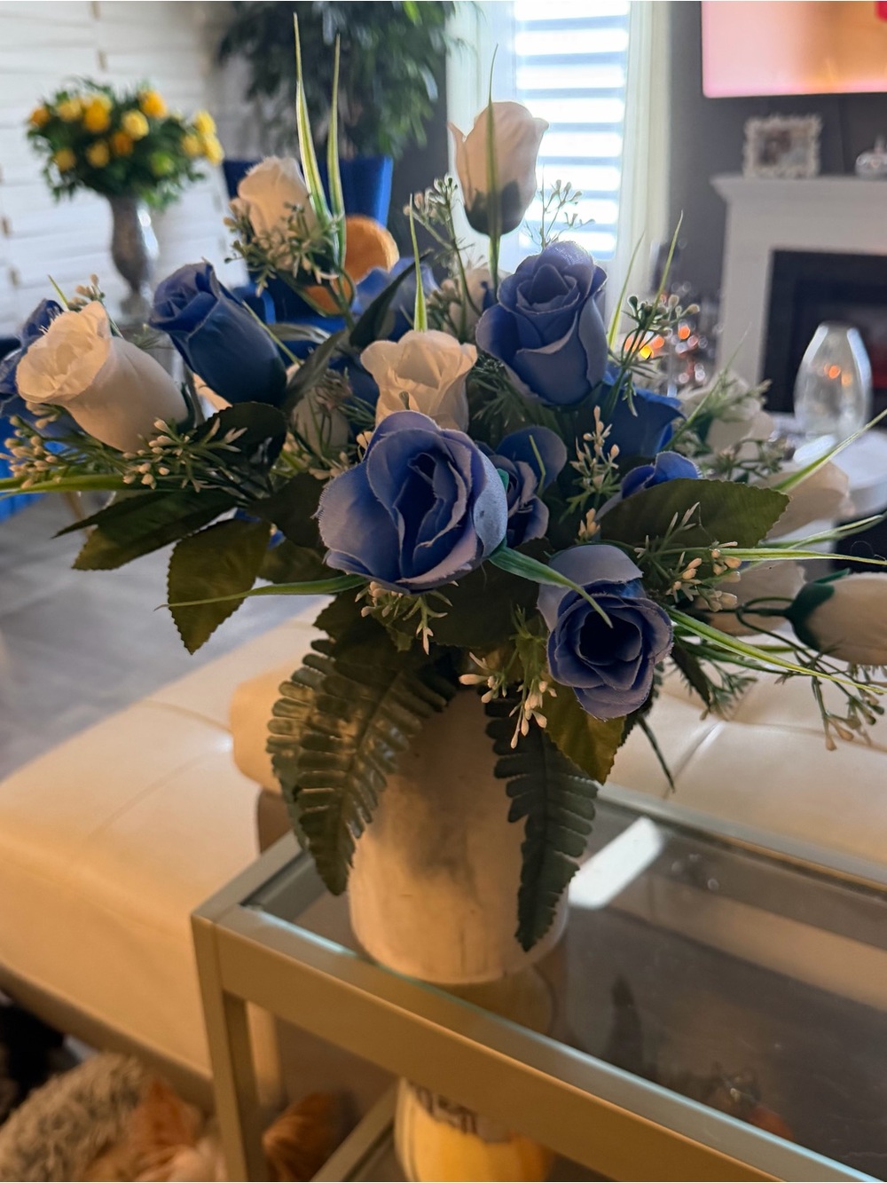 Blue and White Faux Rose Arrangement - Elegant Home Accent